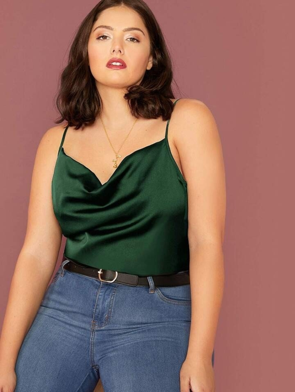 SHEIN Emerald Green Satin Cowl Neck Camisole